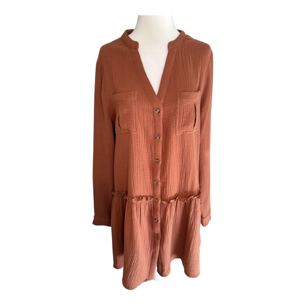 Wishlist Apparel Brown Gauze Tunic Dress Ruffle Hem Pockets Small NWOT